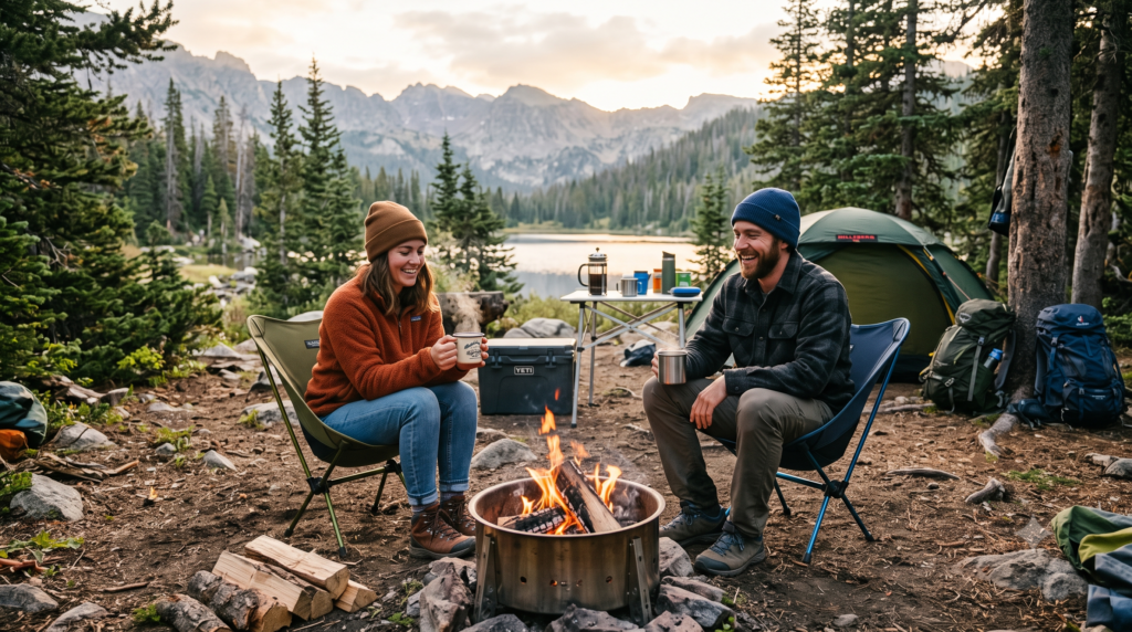 A man and a woman in beanies smile while relaxing in low camping chairs around a lit portable fire pit at a scenic mountain lake campsite, holding coffee mugs. A tent, backpacks, and a cooler are visible in the pine forest background.